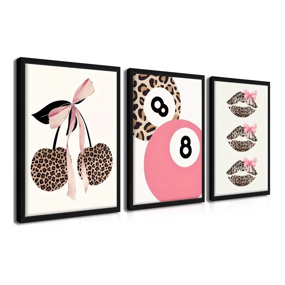 NWT Coquette Leopard Wall Art Set 3 Framed 16x24 Cherry 8 Ball Lips Pink Bow